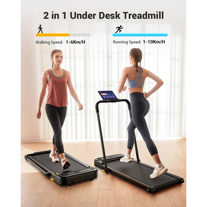 Walking Pad з нахилом 9%, амортизація 6 точок, тихий біговий стіл, 2.5 л.с. для дому/офісу (Чорний з ручкою, APP)
