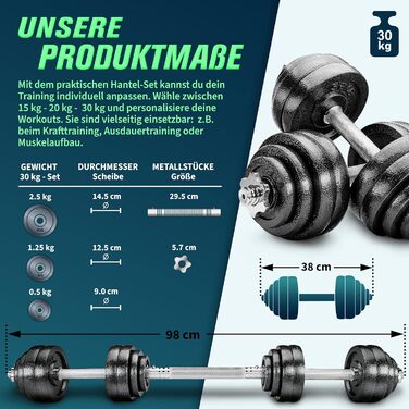 Набір гантелей RE:SPORT 2 в 1, 15-30 кг, розбірні, чавунні, коротка та довга ручка, зіркоподібні замки, з'єднувальна штанга