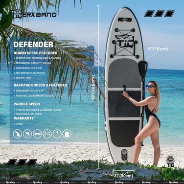 SUP дошка TIGERXBANG Defender-Pro надувна, 305 см, чорна - для стійкої плавучості та веслування