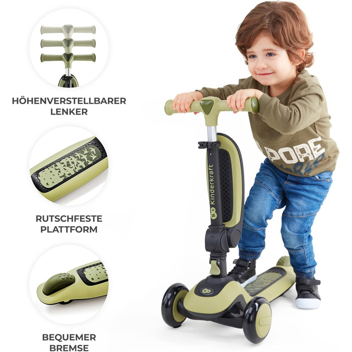 Дитячий самокат-трансформер Kinderkraft Halley 2 в 1 з сидінням, LED колесами, для дітей від 1 року до 50 кг, складаний, регульований кермо, сучасний дизайн