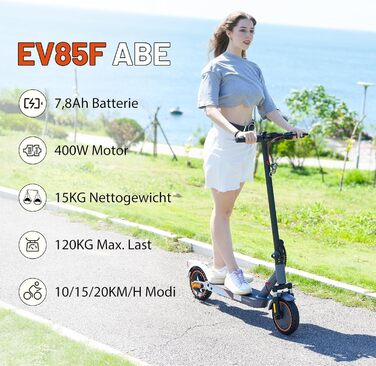 Електросамокат EVERCROSS EV85F з допуском до доріг, складаний, для дорослих, 400 Вт, акумулятор 7,8Аг, вага 15 кг, навантаження до 120 кг, подвійне гальмо, два амортизатори, з APP