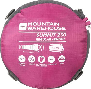 Сплячий мішок Mountain Warehouse Summit 250 - 3/4 сезону, ізольований, мумієподібний, 215 см, для кемпінгу та трекінгу, Fuchsia
