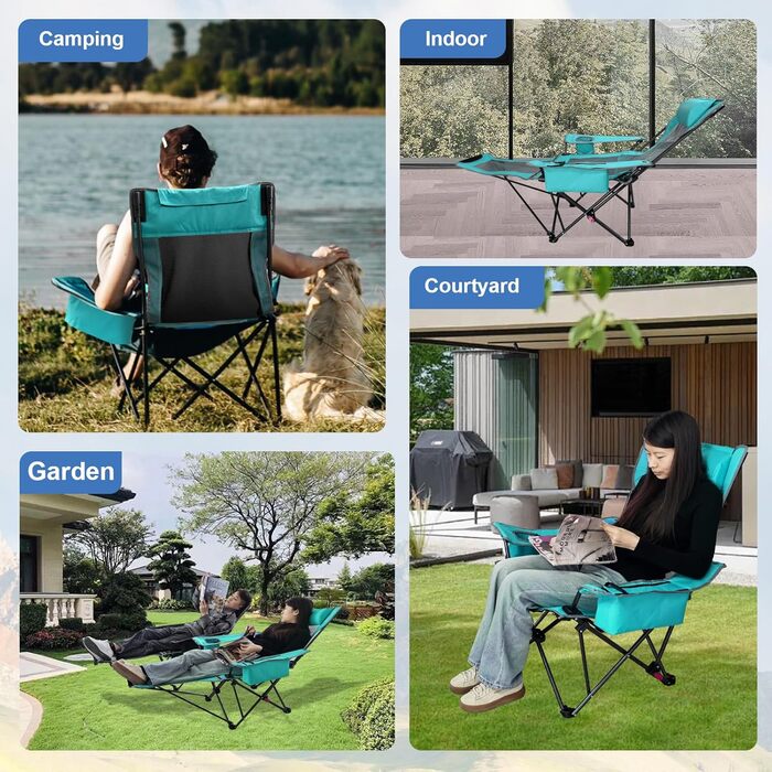 Крісло для кемпінгу Poeopore складне з підставкою для ніг, 4-х секційне, для відпочинку на пляжі та риболовлі, витримує до 120 кг, з кишенькою-холодильником, подушкою та тримачем для напоїв, блакитне