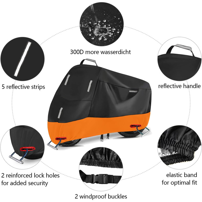 Водонепроникний чохол для мотоцикла Motorrad Abdeckplane 300D, XL (230x90x125cm) з 5 світловідбиваючими смугами, 2 отворами для замка та сумкою