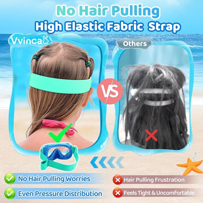 Дитячі маски для снорклінгу Vvinca з тканинним ремінцем, маски для плавання для дітей 3-14 років, хлопчиків та дівчаток, маска для дайвінгу 180° панорамний анти-затоплення (2-блакитний+зелений)