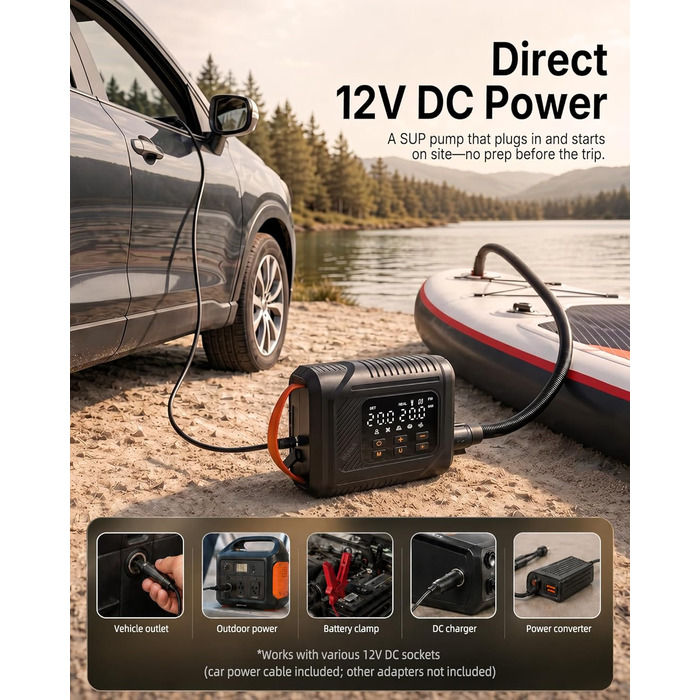 Електричний насос для SUP дощок 20 PSI з адаптером 12V для авто, подвійний режим накачування/здування, авто-стоп, для SUP, каяків, надувних басейнів та наметів, чорний