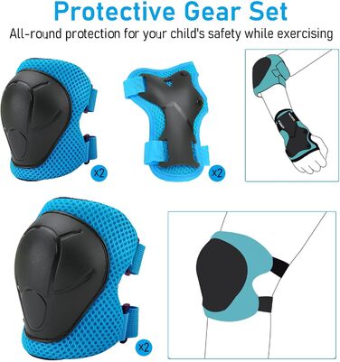 Набір захисту для дітей: шолом, наколінники, налокітники та підтримуючі рукавички для скейтбордингу, велосипеда, роликів та інших видів активного відпочинку. Колір: блакитний