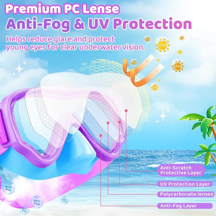 Дитячі маски для снорклінгу Vvinca: маска та трубка для плавання, 180° панорама, антизабруднення, для дітей 3-14 років (блакитний+фіолетовий)