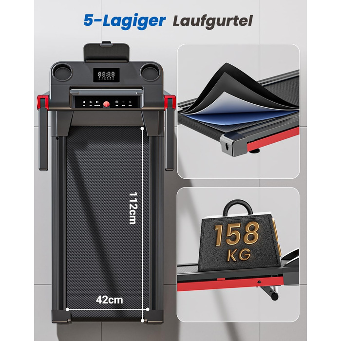 Бігова доріжка для дому 16 км/год, Walking Pad з нахилом 6%, бігове полотно 158 кг, велика площа бігу 112 * 42 см, тихе бігове полотно для дому та офісу, чорно-червоне