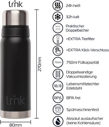 Термос trnk Outdoor polar 2, 750 мл, нержавіюча сталь, BPA-free, з 2 чашками, тримає тепло 24 години, нічний чорний, придатний для миття в посудомийній машині