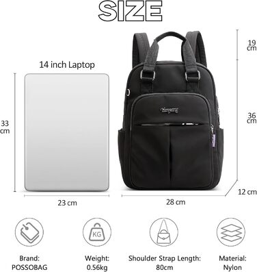 Жіночий рюкзак POSSOBAG з нейлону, водонепроникний, модний, для ноутбука 14 дюймів, універсальний рюкзак-сумка з ручкою, для навчання, подорожей і щоденного використання, чорний