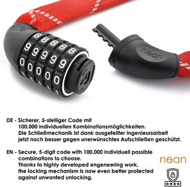 Надійне велозамок Nean з кодом, 6 мм, 900 мм, червоний