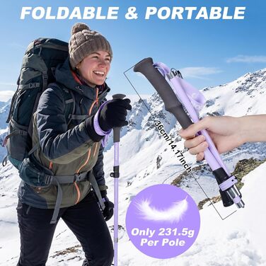Телескопічна палиця для скандинавської ходьби Qoosea для жінок, вуглецеве волокно, складана трекінгова палиця 110-125 см з гумовим наконечником та сумкою (фіолетова)