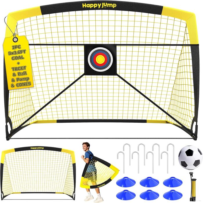 Ворота для футболу Happy Jump Pop-Up – складані для дітей та дорослих | 1 або 2 ворота: 120x90 / 152x110 / 213x152 см | З м'ячем, насосом, конусами та мішенню | Для саду та подарунка