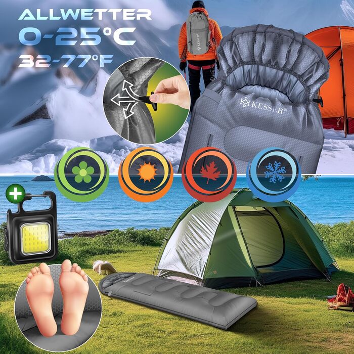 Сплячий мішок KESSER® Outdoor | Декальний спальний мішок 3-4 сезони | Для дорослих та дітей | Легкий, теплий, водостійкий | З лампою та кишенею (Сірий, 220 x 83 см)