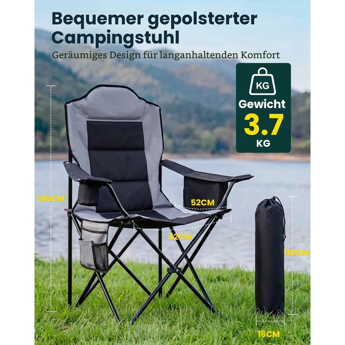Складане кемпінгове крісло YEAUPE PRO X-Large, посилене, комфортне з м'якою підкладкою, витримує до 150 кг