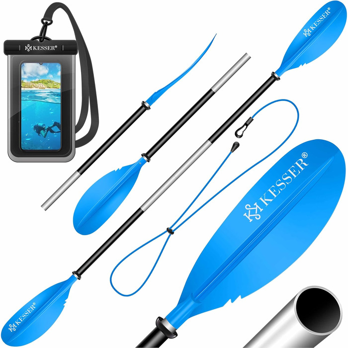 Весло KESSER® Paddle з подвійним лезом - 4 частини для каяка, SUP, стінд-ап паділбордингу, 228 см, алюміній. Включає страхувальну мотузку, чохол для телефону, дошка для серфінгу.