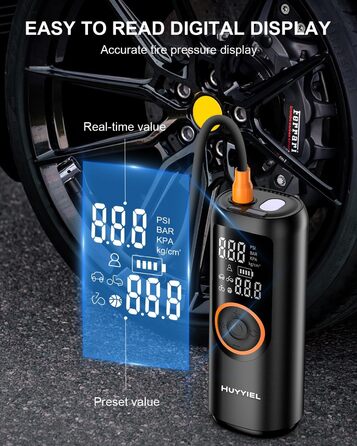 Електричний насос-компресор для авто 150PSI, швидка портативна акумуляторна помпа з LCD-дисплеєм, LED-ліхтарем і USB Powerbank