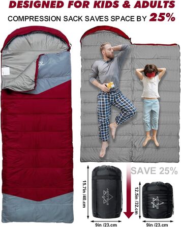 Спальні мішки для дорослих та дітей – для холодної та теплої погоди. Водонепроникний, легкий спальний мішок для кемпінгу, піших прогулянок та трекінгу (з компресійним мішком). Підходить для 3-4 сезонів, 10-20°C, 1.5KG – Чорний (10-20°C, 1.5KG-Вишневий)