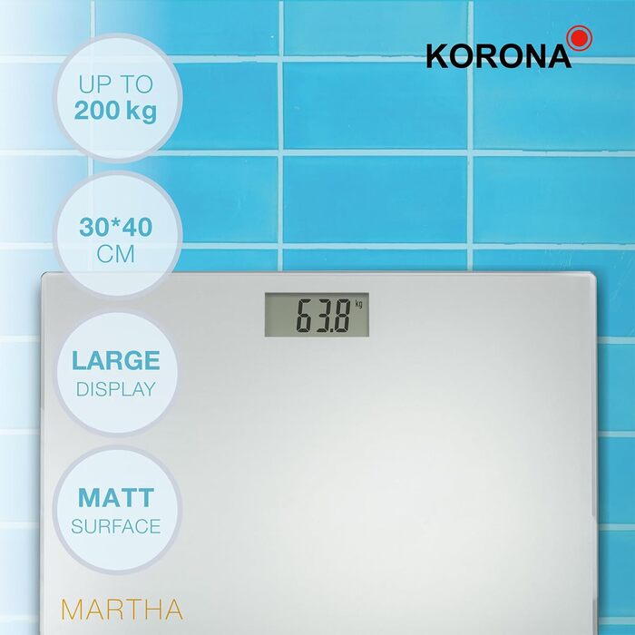 Цифрова скляна вага Korona Martha XXL, 40 см, 200 кг, срібляста