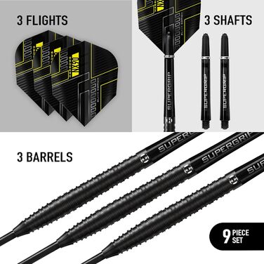Дартс-набір Harrows NX90 Black Edition з 90% вольфраму, сталевий наконечник, 21-26 г, чорні Supergrip Midi шафти та Micron-NX90 оперення