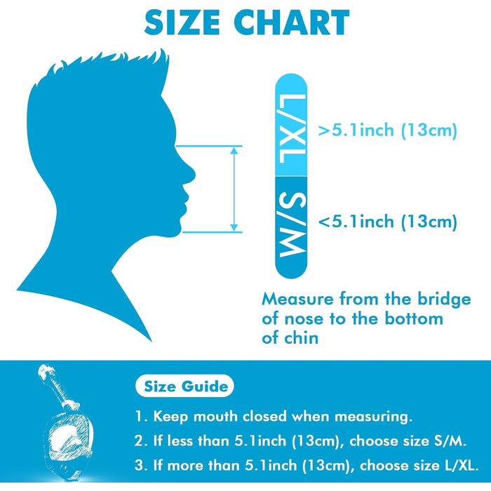 Маска для снорклінгу повного обличчя, обладнання для дорослих та дітей з системою сухого дихання та знімним тримачем для камери, 180° огляд, чорний, помаранчевий, білий, синій, XL