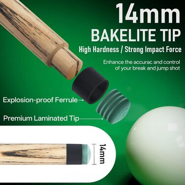 Kmise Професійний бильк для більярдного снукера - 21 oz, професійний бильк для розбиття з наконечником 13 мм, 2-секційний, для різних видів більярдного спорту