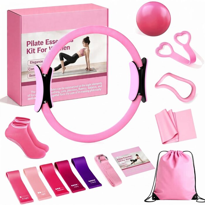 Набір для пілатесу та йоги для жінок-початківців Home Pilates & Yoga Starter Kit (рожевий) | М'яч для гімнастики 22,9 см, еспандери, кільце для пілатесу, ремені на щиколотки | Комплект для тренувань корпусу та розтяжки
