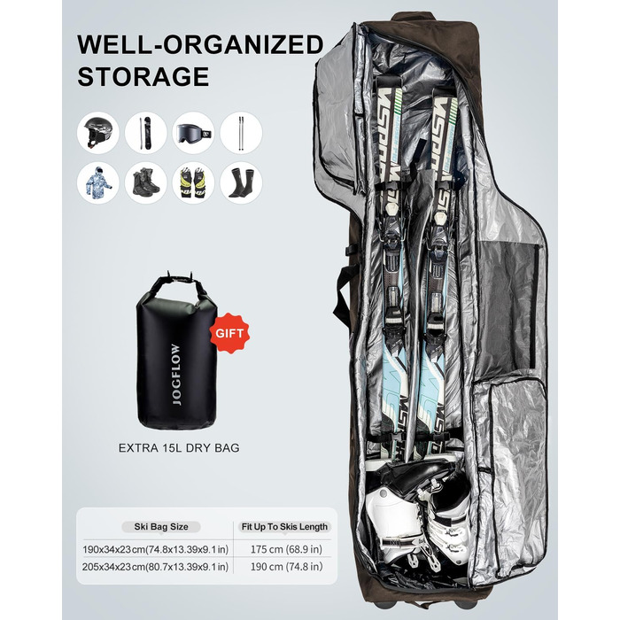 Скі-сумка Skitasche 360° з роликами, водонепроникна, 1200D, для 1/2 комплектів лиж, 190 см, Khaki