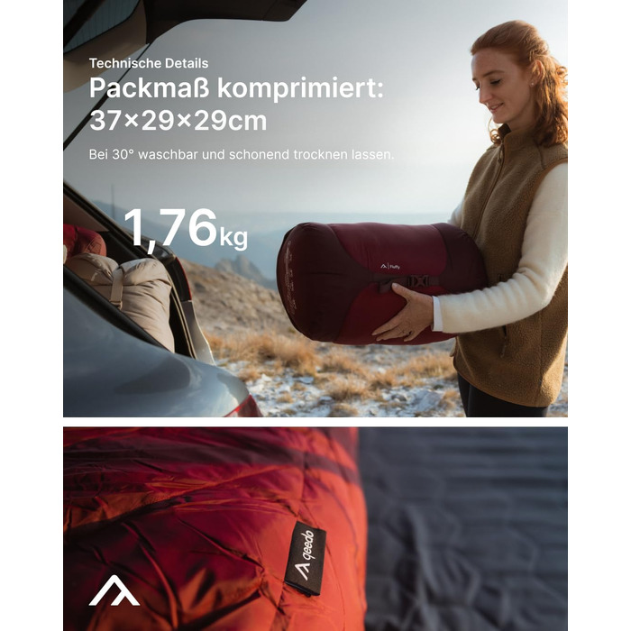 Сплячий мішок Qeedo Fluffy 0 Daunen - 4 сезони, 0°C, RDS-сертифікований (170-195 см, Червоний)