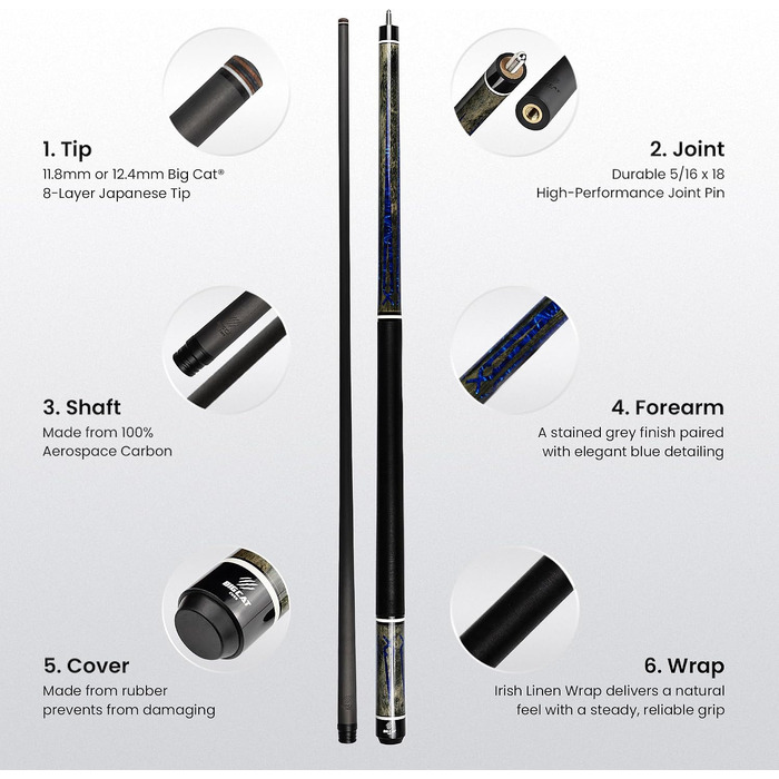 Більярдний кий Big Cat Carbon Gold Series з карбоновим шафтом Pro Taper, накінечниками 11.8 мм та 12.4 мм, обмотка з ірландського льону, 20oz, GLD-4