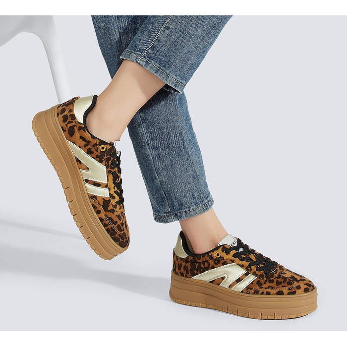 Кросівки LUCKY STEP Plateau Sneaker для жінок - платформа, канвас, ретро стиль, низький профіль, зручні для повсякденного носіння, бежево-зелені (41 EU, леопард)