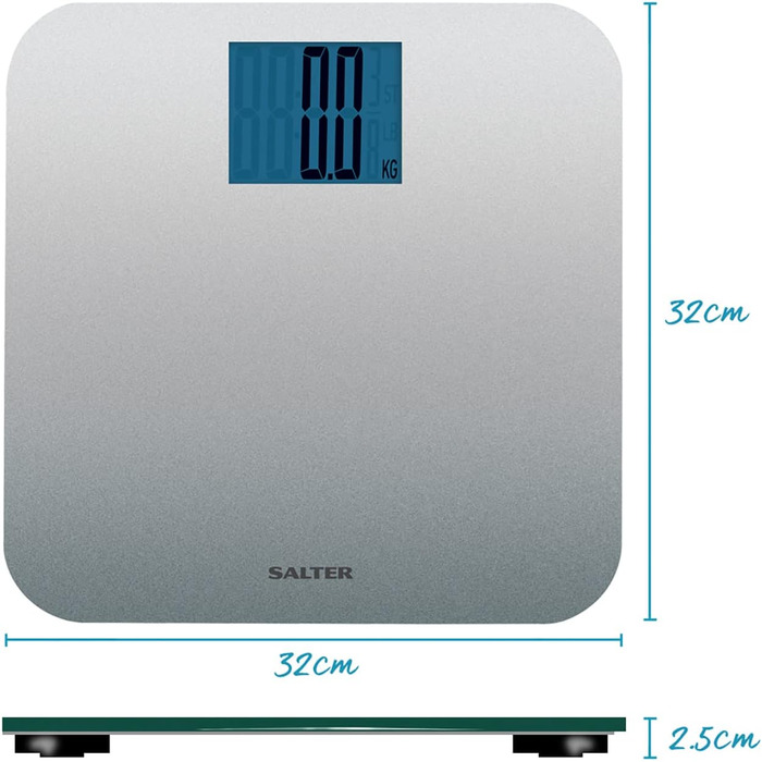 Електронна вага Salter 9075 Premium Max 250 кг, велика платформа, LCD дисплей, для ванної, підходить для твердих підлог і килимів, батарейки в комплекті, срібляста