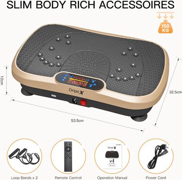Вібраційна платформа Dripex 3D, 99 рівнів, 5 програм, Bluetooth, тренувальні стрічки, золотиста і чорна