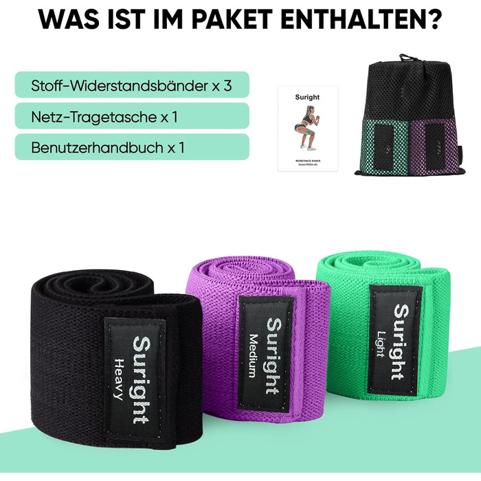 Фітнес-еластичні стрічки Suright: резистентні гумки для йоги, силових тренувань, ніг та сідниць. Набір для фітнесу (зелений, фіолетовий, чорний)