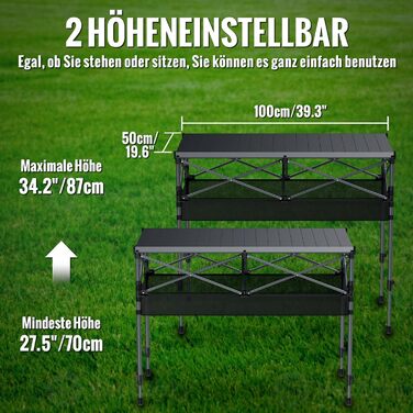 Складний туристичний стіл GARLLEN 100x50 см, 2 положення висоти (70/87 см), з розкатною стільницею, сталевий, для пікніка, грилю, саду, включно з сумкою