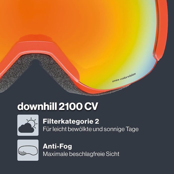 Гірськолижна маска uvex downhill 2100 CV з контрастною лінзою, широким оглядом та вузькою рамою, fierce red/orange-green
