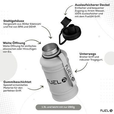 Fuel24 потужна пляшка для води з нержавіючої сталі 1,3 л та 2,2 л, герметична та BPA-free, спортивна фляга для фітнесу, спортивний металевий глечик для дорослих, 1,3 л, сіра