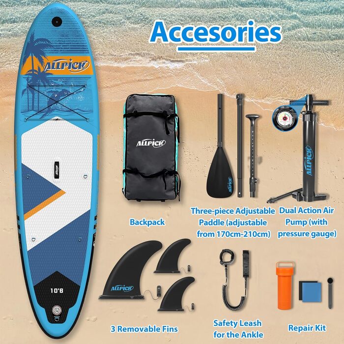 Надувна SUP-дошка ALLPICK Premium, 180 кг, з камеротримачем, веслом і аксесуарами, для початківців і досвідчених, синя для океану