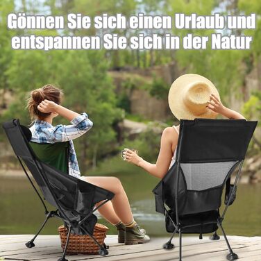 Зручний складаний стул для кемпінгу Bindokun, 120 кг, ультралегкий, з кишенями та підголівником, чорний