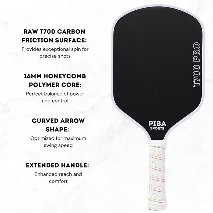 Професійна ракетка для піклболу PIBA Sports PRO, T700 карбон, 16 мм стільникова структура, шорстка поверхня для топ-спіну, подовжена ручка, легка та точна, для досвідчених і професіоналів