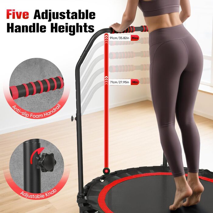 Міні-батут для фітнесу 101 см, вантажопідйомність 200 кг, портативний, з регульованою ручкою, червоний