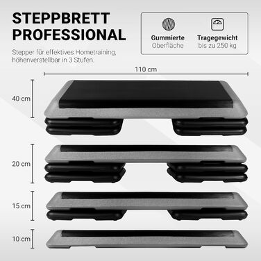 Сходинка-платформа для фітнесу Steppbrett Professional з постером для вправ + додаток Work Out (безкоштовно) | 3-рівнева регулювання висоти, студійний степер
