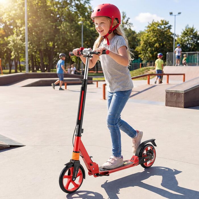 COSTWAY Кискскутер з дзвіночком та підставкою, регульована висота керма, складний, вантажопідйомність до 100 кг, з ременем для перенесення, для дітей та дорослих (червоний)