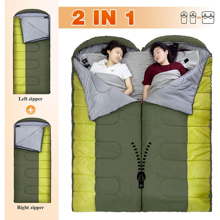 Спальний мішок Outdoor для дорослих, машинного прання, зимовий, водонепроникний, 3-4 сезони, з компресійним мішком, для кемпінгу, походів, подорожей, 0°C-Комфорт, Чорний (Оливковий), 220x85CM-L