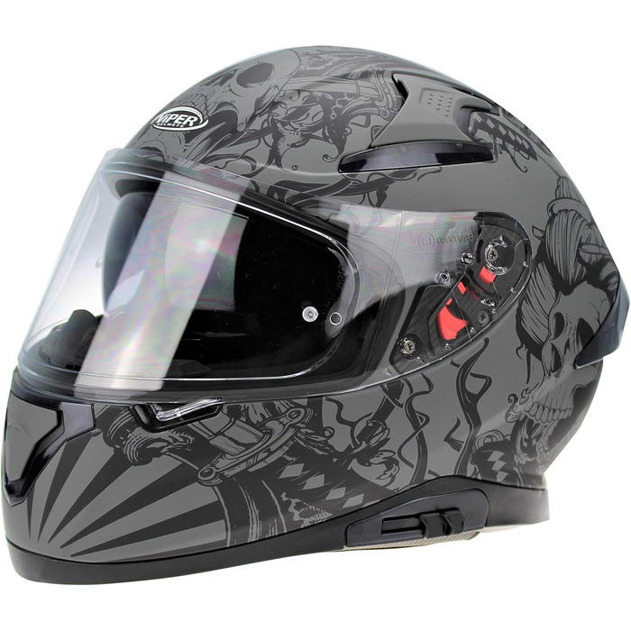 Мотошолом ViPER RSV95 повнолицевий, ECE ACU, з висувним сонцезахисним козирком, унісекс, матовий чорний, XL, Skull Grey