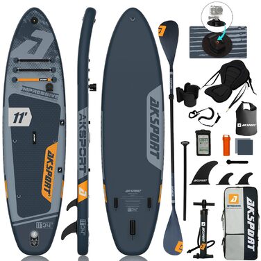 SUP дошка AKSPORT надувна 11 футів, чорно-сіра, з преміум набором аксесуарів, 34 дюйми, антиковзке покриття, для дорослих та підлітків