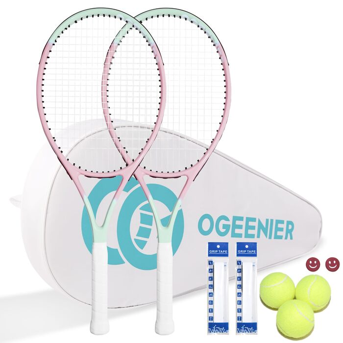 Набір тенісний OGEENIER 27 дюймів для дорослих (жінок/чоловіків), для початківців: 2 ракетки, 2 намотані ручки, 3 м'ячі, 2 демпфери, сумка (рожевий)