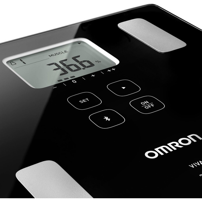OMRON Viva – розумні ваги-аналізатор складу тіла з Bluetooth і додатком, вимірювання жирової маси, ваги, вісцерального жиру, м'язової маси, базового обміну та ІМТ; для 4 користувачів, тонометр з Bluetooth