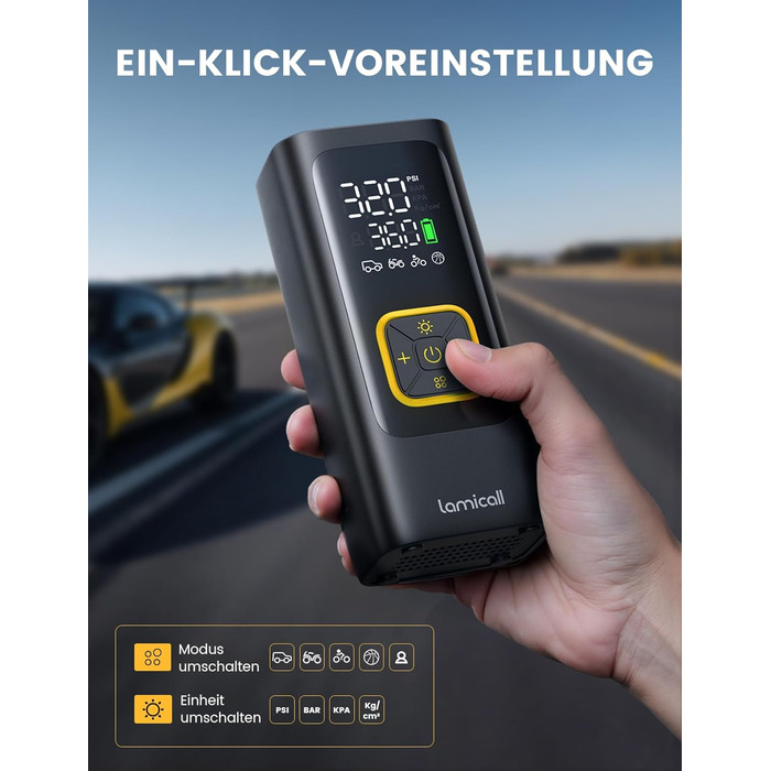 Електрична повітряна помпа Lamicall для велосипеда, авто, мотоцикла та м'ячів - 150PSI, з LED-ліхтариком (оновлена)